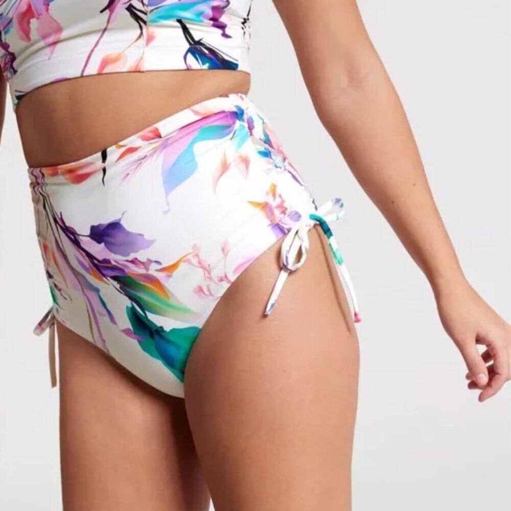 CALIA High Waisted Ruched Side Tie Swim Bottoms Multi Floral Size 1X CALLOUT - Picture 1 of 9